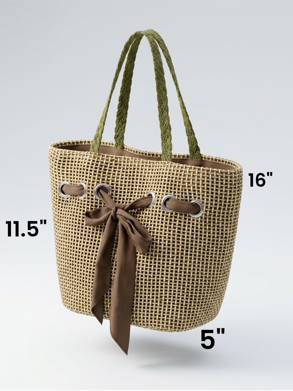 Woven Straw Tote with Olive Straps and Brown Bow / Bohemian bag / summer tote - Picture 2 of 6